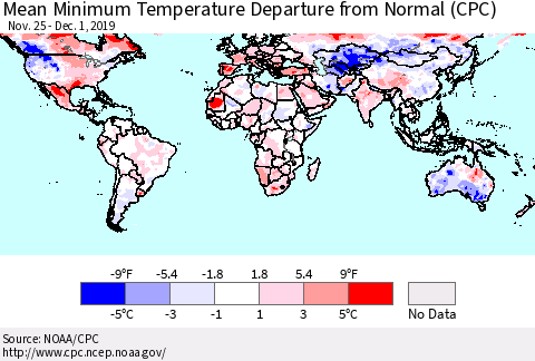 World Mean Minimum Temperature Departure from Normal (CPC) Thematic Map For 11/25/2019 - 12/1/2019