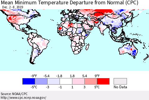 World Mean Minimum Temperature Departure from Normal (CPC) Thematic Map For 12/2/2019 - 12/8/2019