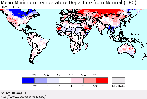 World Mean Minimum Temperature Departure from Normal (CPC) Thematic Map For 12/9/2019 - 12/15/2019