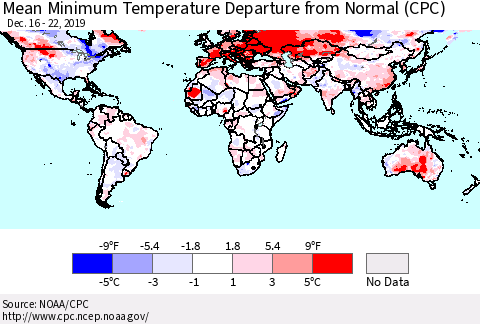 World Mean Minimum Temperature Departure from Normal (CPC) Thematic Map For 12/16/2019 - 12/22/2019