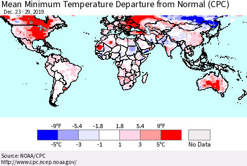 World Mean Minimum Temperature Departure from Normal (CPC) Thematic Map For 12/23/2019 - 12/29/2019