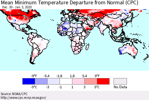 World Mean Minimum Temperature Departure from Normal (CPC) Thematic Map For 12/30/2019 - 1/5/2020