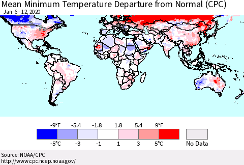 World Mean Minimum Temperature Departure from Normal (CPC) Thematic Map For 1/6/2020 - 1/12/2020