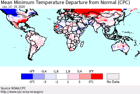 World Mean Minimum Temperature Departure from Normal (CPC) Thematic Map For 1/13/2020 - 1/19/2020