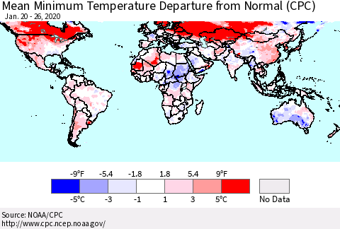 World Mean Minimum Temperature Departure from Normal (CPC) Thematic Map For 1/20/2020 - 1/26/2020