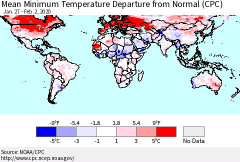 World Mean Minimum Temperature Departure from Normal (CPC) Thematic Map For 1/27/2020 - 2/2/2020