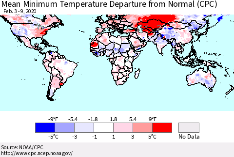 World Mean Minimum Temperature Departure from Normal (CPC) Thematic Map For 2/3/2020 - 2/9/2020