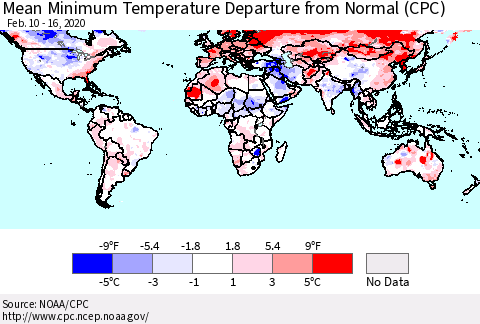 World Mean Minimum Temperature Departure from Normal (CPC) Thematic Map For 2/10/2020 - 2/16/2020