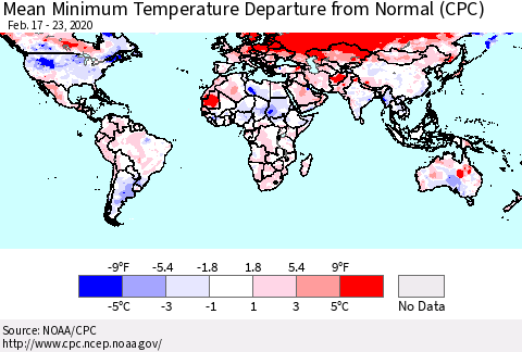 World Mean Minimum Temperature Departure from Normal (CPC) Thematic Map For 2/17/2020 - 2/23/2020