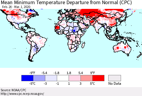 World Mean Minimum Temperature Departure from Normal (CPC) Thematic Map For 2/24/2020 - 3/1/2020