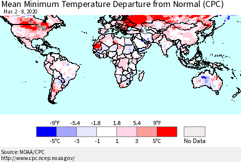 World Mean Minimum Temperature Departure from Normal (CPC) Thematic Map For 3/2/2020 - 3/8/2020