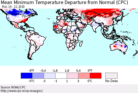 World Mean Minimum Temperature Departure from Normal (CPC) Thematic Map For 3/16/2020 - 3/22/2020