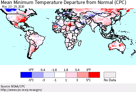 World Mean Minimum Temperature Departure from Normal (CPC) Thematic Map For 3/23/2020 - 3/29/2020