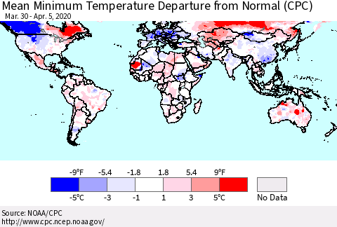 World Mean Minimum Temperature Departure from Normal (CPC) Thematic Map For 3/30/2020 - 4/5/2020
