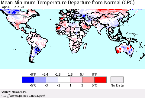 World Mean Minimum Temperature Departure from Normal (CPC) Thematic Map For 4/6/2020 - 4/12/2020