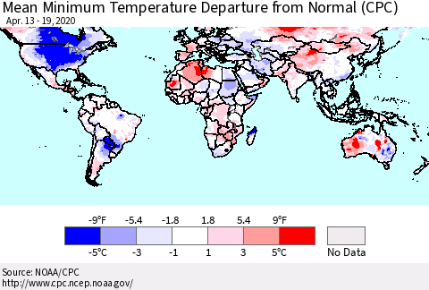 World Mean Minimum Temperature Departure from Normal (CPC) Thematic Map For 4/13/2020 - 4/19/2020