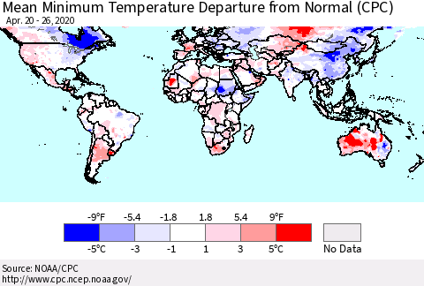 World Mean Minimum Temperature Departure from Normal (CPC) Thematic Map For 4/20/2020 - 4/26/2020