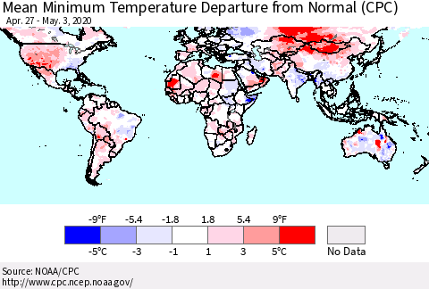 World Mean Minimum Temperature Departure from Normal (CPC) Thematic Map For 4/27/2020 - 5/3/2020