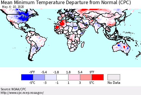 World Mean Minimum Temperature Departure from Normal (CPC) Thematic Map For 5/4/2020 - 5/10/2020