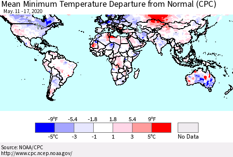 World Mean Minimum Temperature Departure from Normal (CPC) Thematic Map For 5/11/2020 - 5/17/2020
