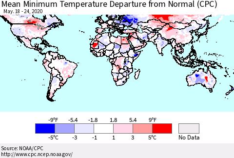 World Mean Minimum Temperature Departure from Normal (CPC) Thematic Map For 5/18/2020 - 5/24/2020