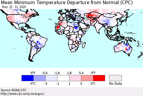 World Mean Minimum Temperature Departure from Normal (CPC) Thematic Map For 5/25/2020 - 5/31/2020