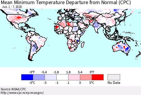 World Mean Minimum Temperature Departure from Normal (CPC) Thematic Map For 6/1/2020 - 6/7/2020