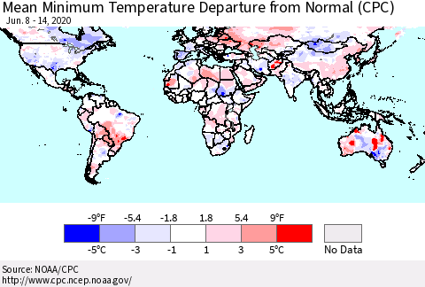 World Mean Minimum Temperature Departure from Normal (CPC) Thematic Map For 6/8/2020 - 6/14/2020