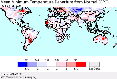 World Mean Minimum Temperature Departure from Normal (CPC) Thematic Map For 6/15/2020 - 6/21/2020
