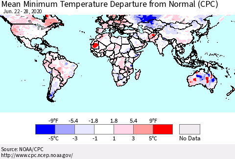 World Mean Minimum Temperature Departure from Normal (CPC) Thematic Map For 6/22/2020 - 6/28/2020