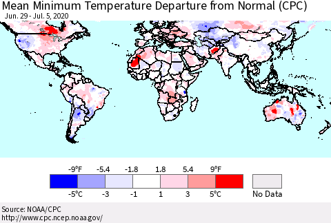 World Mean Minimum Temperature Departure from Normal (CPC) Thematic Map For 6/29/2020 - 7/5/2020