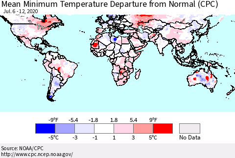 World Mean Minimum Temperature Departure from Normal (CPC) Thematic Map For 7/6/2020 - 7/12/2020