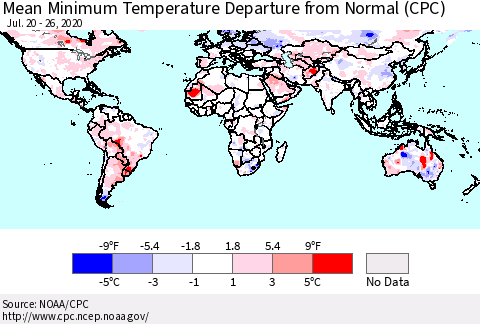 World Mean Minimum Temperature Departure from Normal (CPC) Thematic Map For 7/20/2020 - 7/26/2020