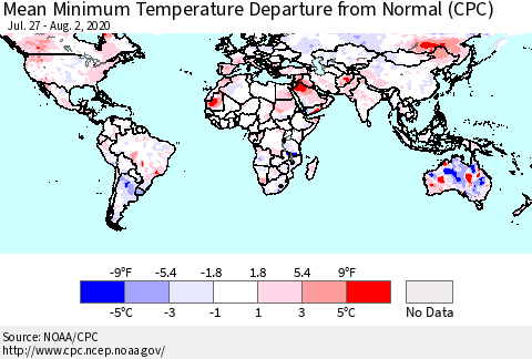 World Mean Minimum Temperature Departure from Normal (CPC) Thematic Map For 7/27/2020 - 8/2/2020