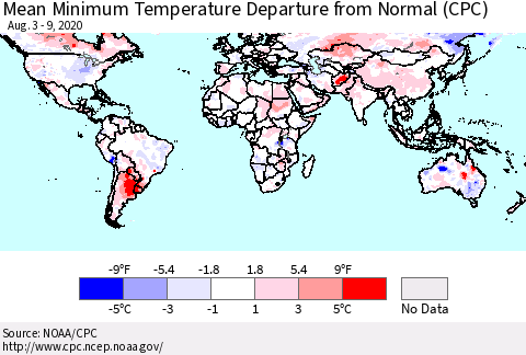World Mean Minimum Temperature Departure from Normal (CPC) Thematic Map For 8/3/2020 - 8/9/2020