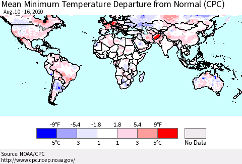 World Mean Minimum Temperature Departure from Normal (CPC) Thematic Map For 8/10/2020 - 8/16/2020