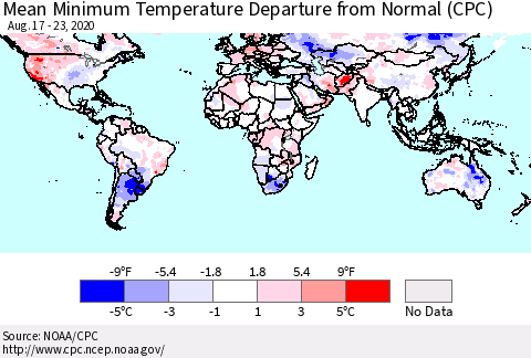 World Mean Minimum Temperature Departure from Normal (CPC) Thematic Map For 8/17/2020 - 8/23/2020