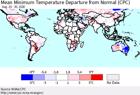 World Mean Minimum Temperature Departure from Normal (CPC) Thematic Map For 8/24/2020 - 8/30/2020
