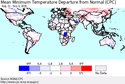 World Mean Minimum Temperature Departure from Normal (CPC) Thematic Map For 8/31/2020 - 9/6/2020