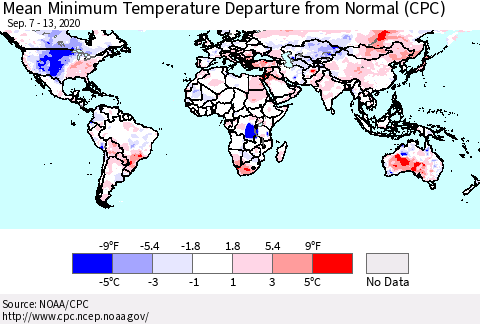World Mean Minimum Temperature Departure from Normal (CPC) Thematic Map For 9/7/2020 - 9/13/2020