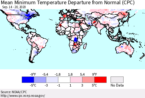 World Mean Minimum Temperature Departure from Normal (CPC) Thematic Map For 9/14/2020 - 9/20/2020