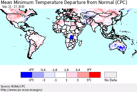 World Mean Minimum Temperature Departure from Normal (CPC) Thematic Map For 9/21/2020 - 9/27/2020
