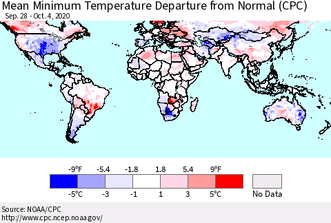 World Mean Minimum Temperature Departure from Normal (CPC) Thematic Map For 9/28/2020 - 10/4/2020