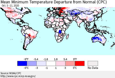 World Mean Minimum Temperature Departure from Normal (CPC) Thematic Map For 10/5/2020 - 10/11/2020