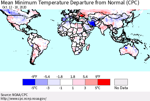World Mean Minimum Temperature Departure from Normal (CPC) Thematic Map For 10/12/2020 - 10/18/2020