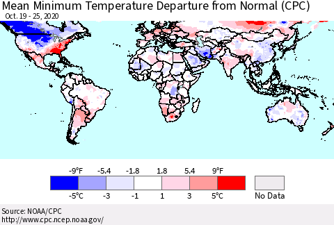 World Mean Minimum Temperature Departure from Normal (CPC) Thematic Map For 10/19/2020 - 10/25/2020