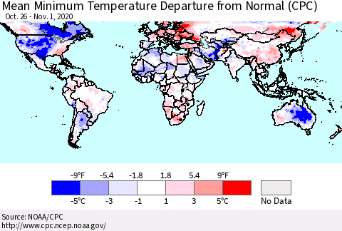 World Mean Minimum Temperature Departure from Normal (CPC) Thematic Map For 10/26/2020 - 11/1/2020