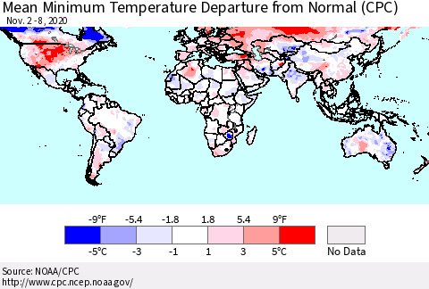 World Mean Minimum Temperature Departure from Normal (CPC) Thematic Map For 11/2/2020 - 11/8/2020