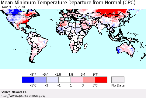 World Mean Minimum Temperature Departure from Normal (CPC) Thematic Map For 11/9/2020 - 11/15/2020