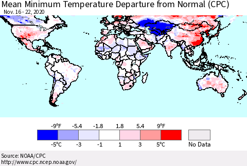 World Mean Minimum Temperature Departure from Normal (CPC) Thematic Map For 11/16/2020 - 11/22/2020